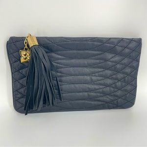 BCBGMaxazria Quilted Leather Clutch Purse Black Gold Fringe Tassel Goat Leather